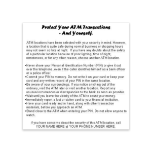 ATM Safety Notice Labels, 5" x 5" White vinyl with Black imprint, 1/pkg