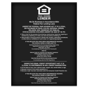 Equal Housing Lender FDIC, 11" x 14",  Wall Sign